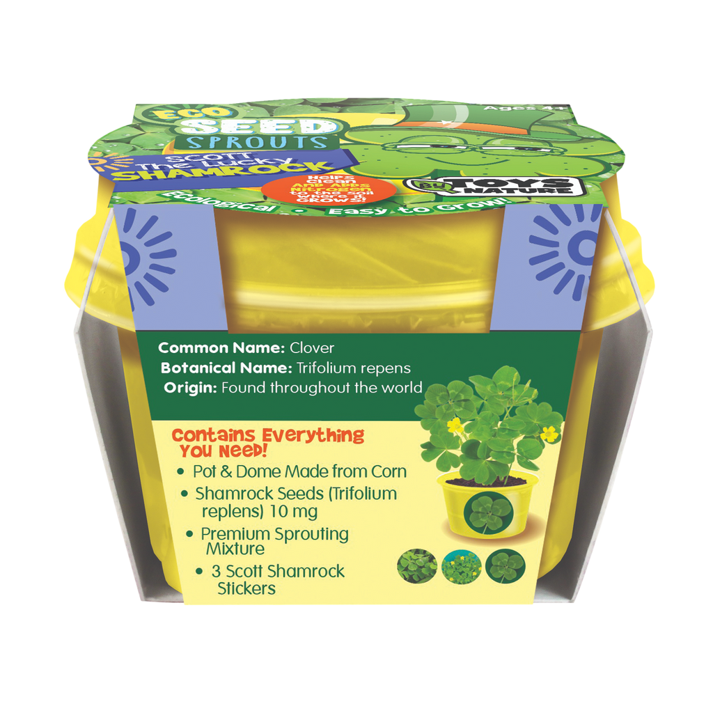 Clover seed sprouting kit in a yellow pot, with a printed sleeve and growing dome