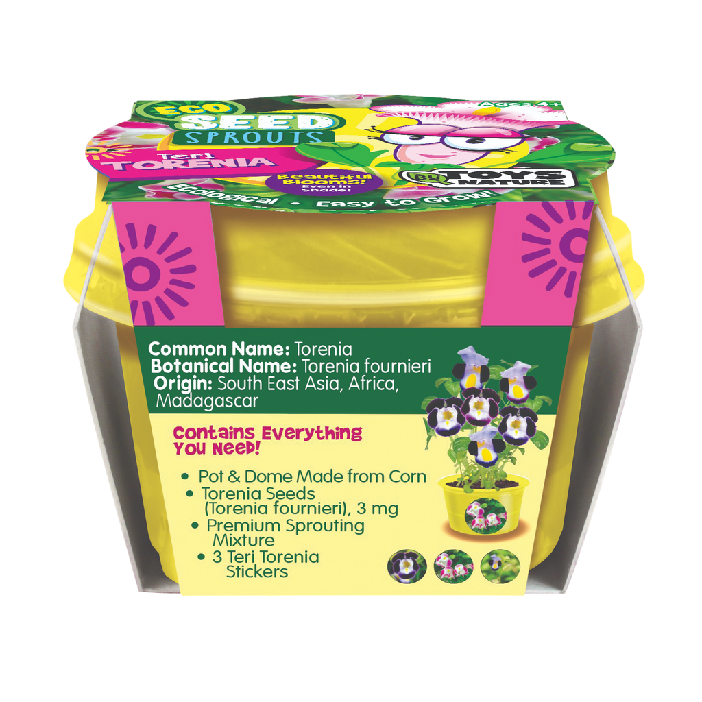 Torenia seed sprouting kit in a yellow pot, with a printed sleeve and growing dome