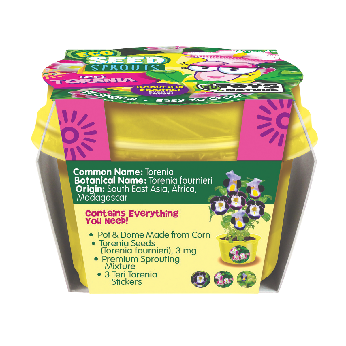 Torenia seed sprouting kit in a yellow pot, with a printed sleeve and growing dome