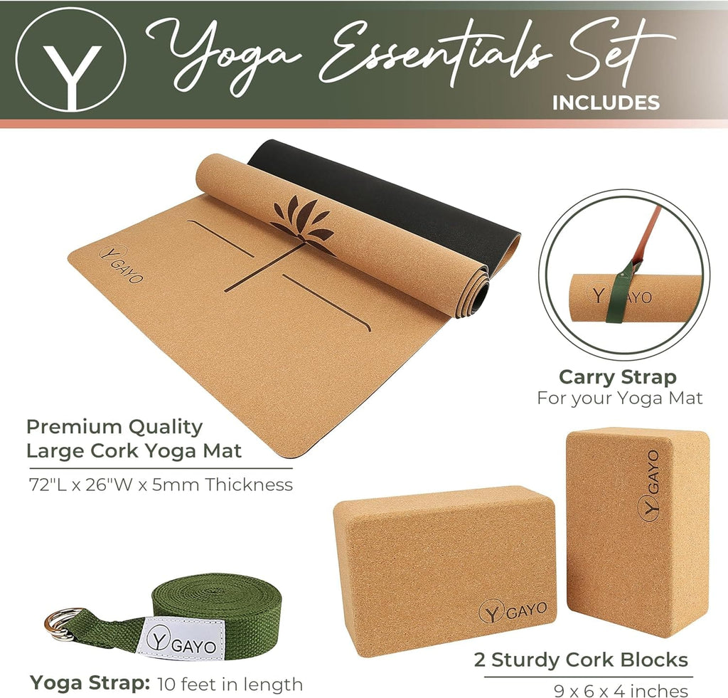 Cork yoga mat, two cork blocks, and green carry strap included in yoga essentials set