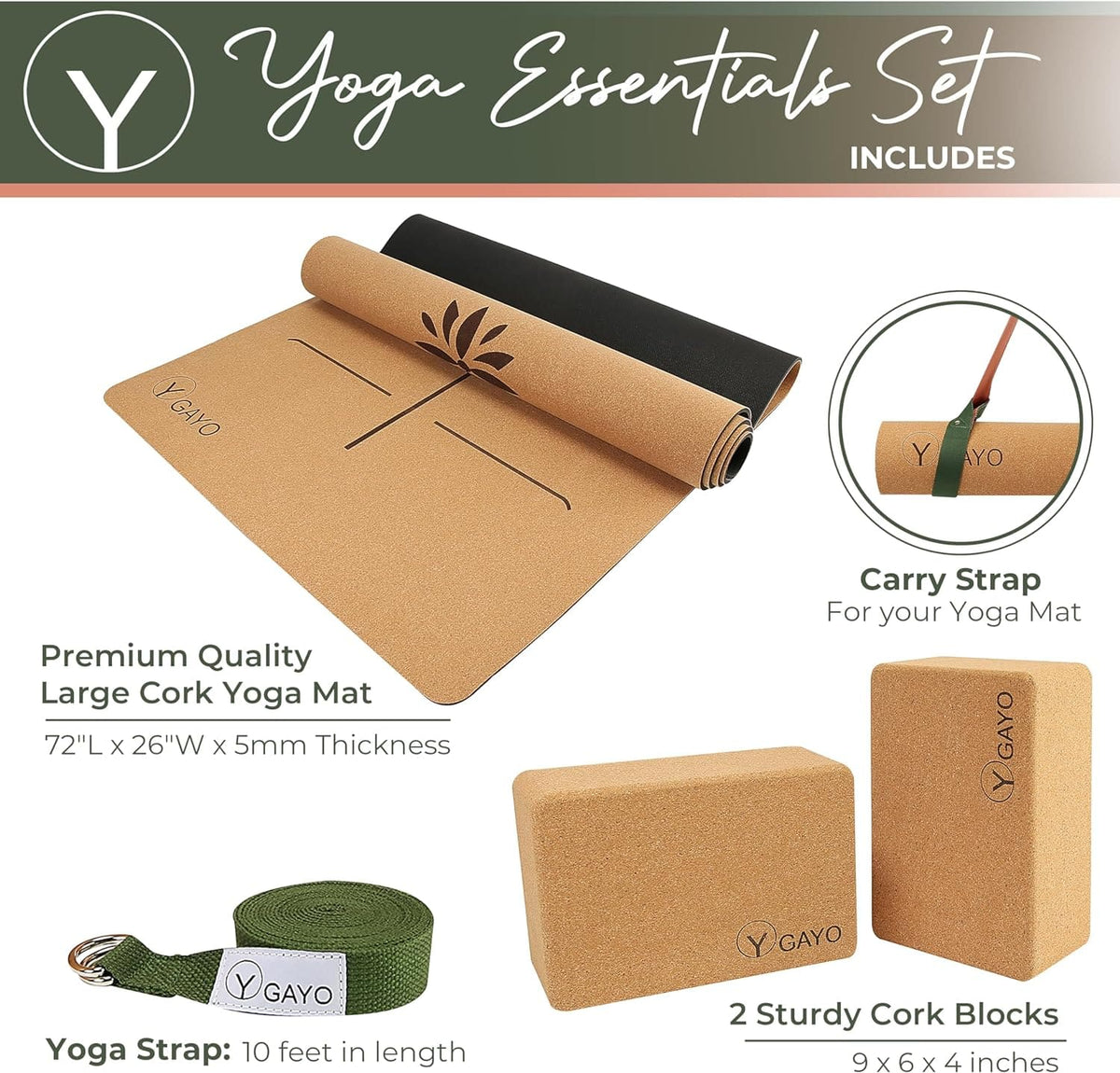 Cork yoga mat, two cork blocks, and green carry strap included in yoga essentials set