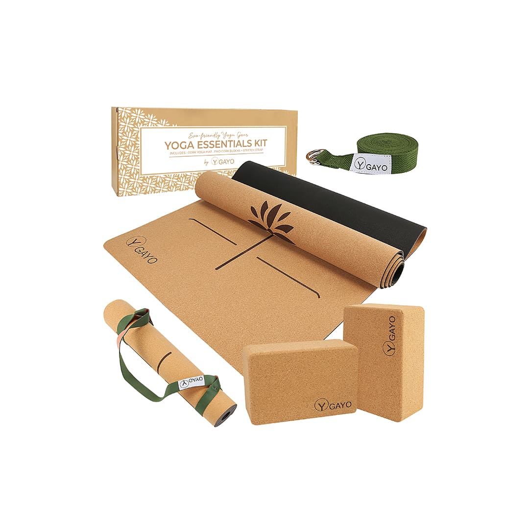 Yoga essentials kit with cork yoga mat, cork blocks, and green carry strap set