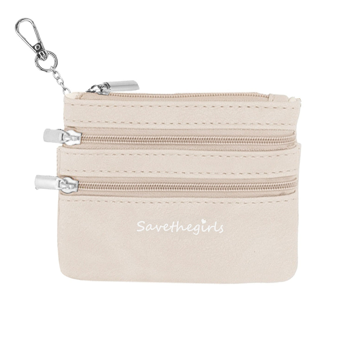 Cream zippered pouch with 3 zippers and gold keychain ring