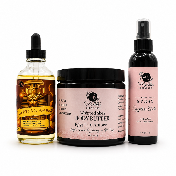 Body care gift set with body oil, whipped shea butter, and air spray—Egyptian Amber