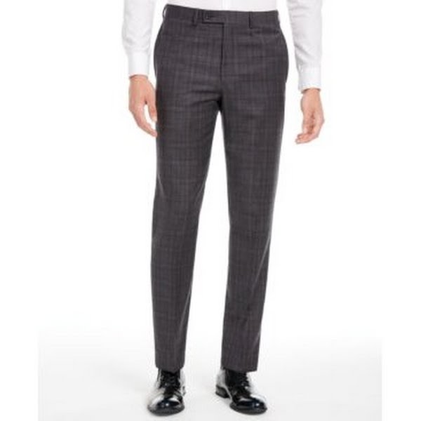 Men's dark gray plaid slim-fit stretch suit pants, front view
