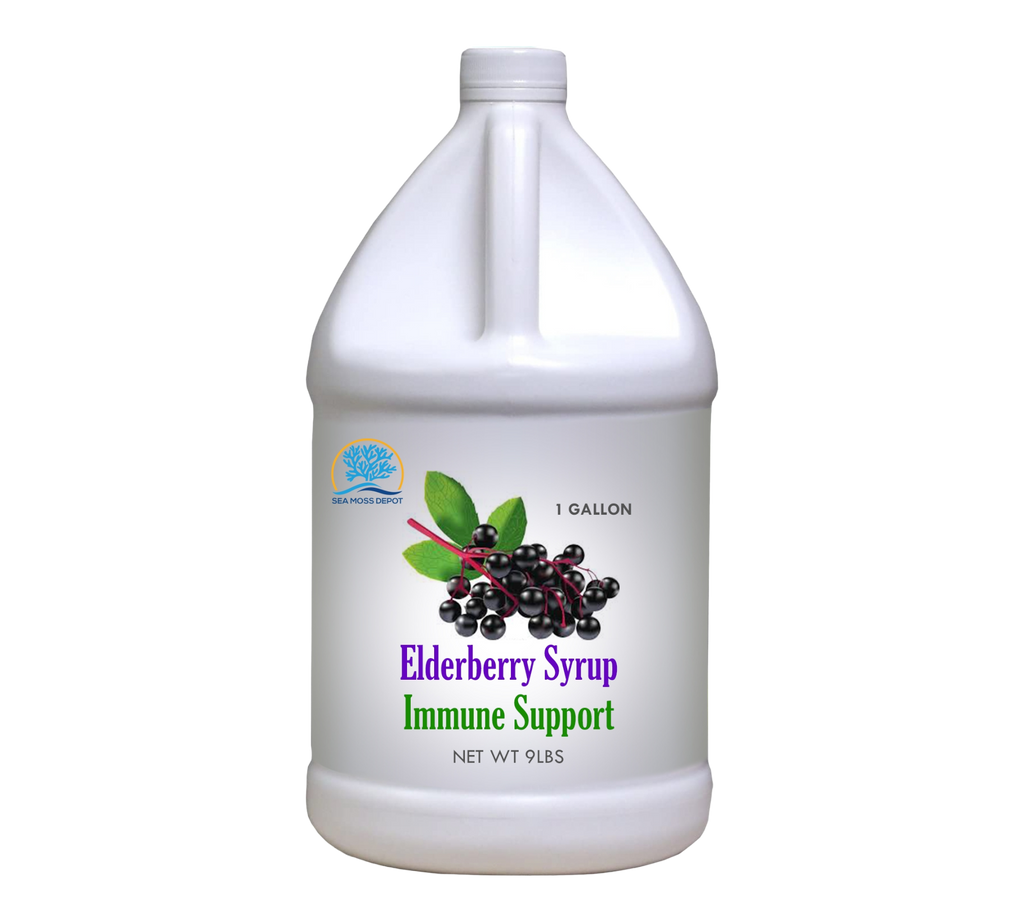 Elderberry syrup bottle, white 1-gallon jug with printed label