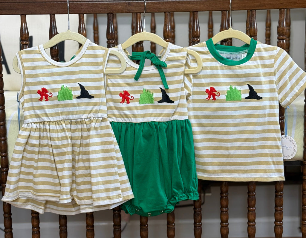 Girls striped dress and bubble romper with Emerald City applique and green accents