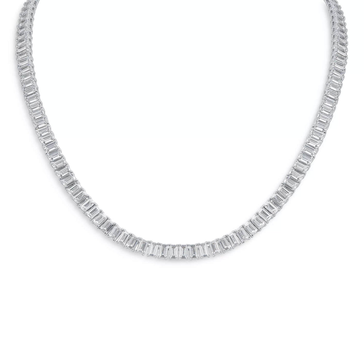 Emerald-cut tennis necklace with clear square stones, silvery prong-set link chain