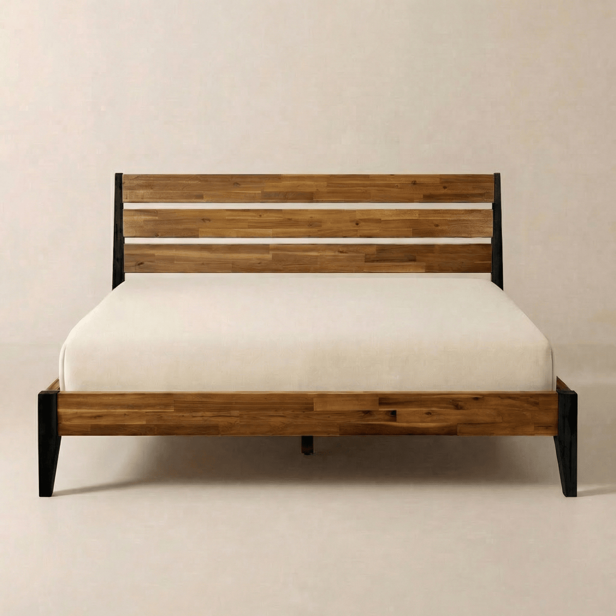 Walnut wood bed frame with slatted headboard and footboard, dark tapered legs