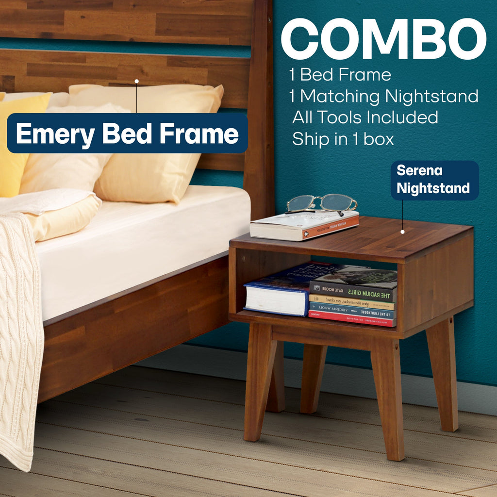 Solid wood bed frame with matching nightstand and small open shelf, walnut finish
