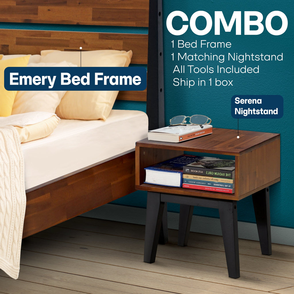 Emery bed frame with matching nightstand featuring a large open storage shelf
