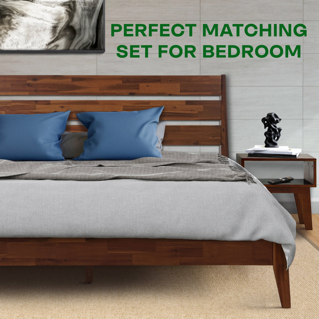 Wood bed frame with slatted headboard and matching nightstand table beside