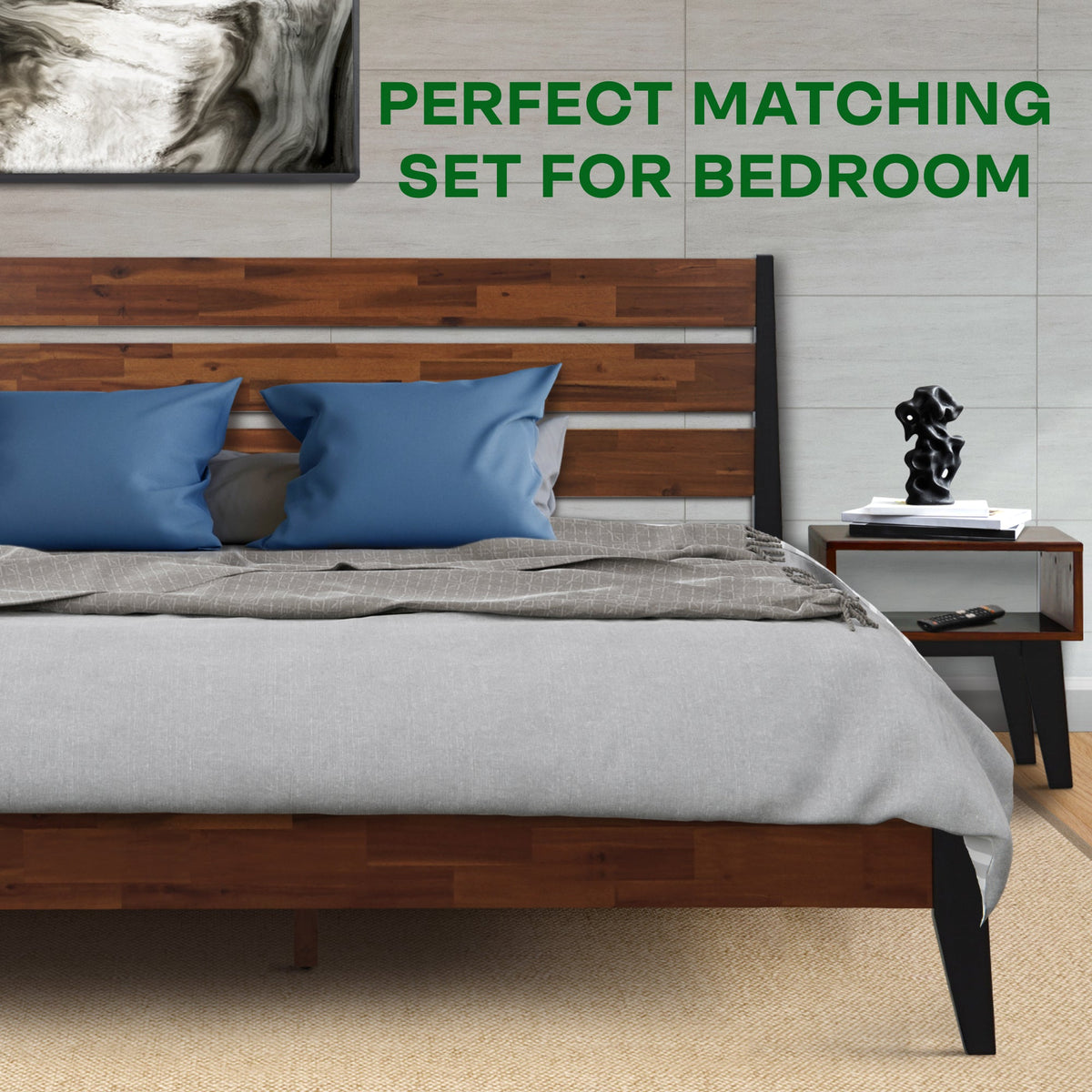 Wood bed frame with slatted headboard and matching nightstand beside the bed
