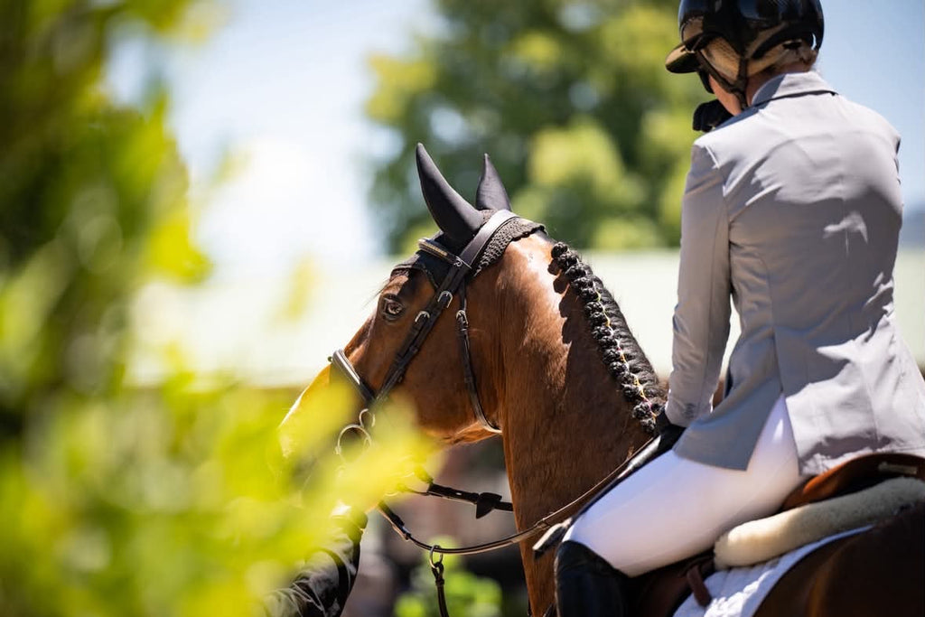 Cadet blue show coat on rider, long sleeves with notched lapels and three-button front