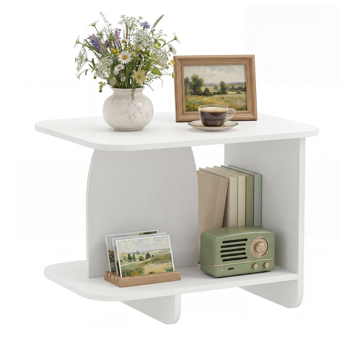 White 2-tier end table with open lower shelf, shaped legs, and storage surface