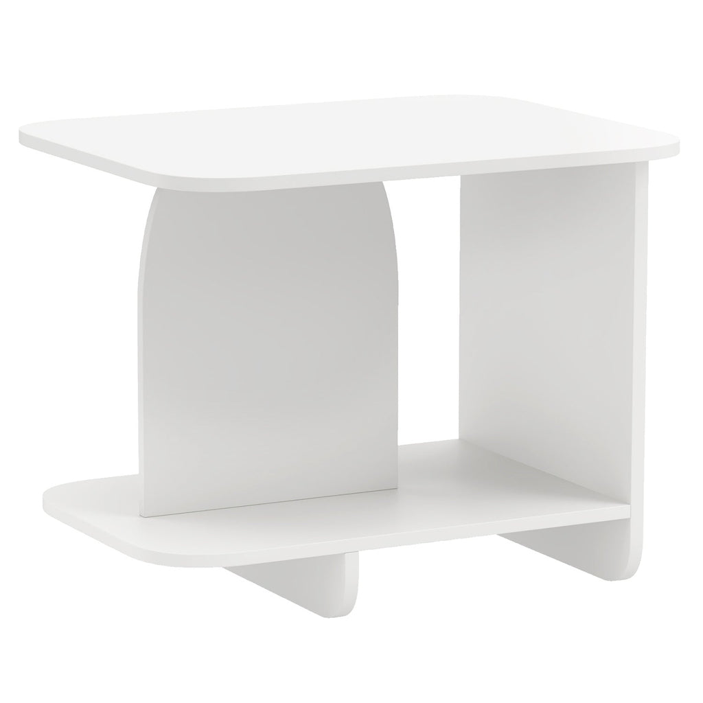 White 2-tier side table with wide top and open lower shelf, rounded pedestal legs