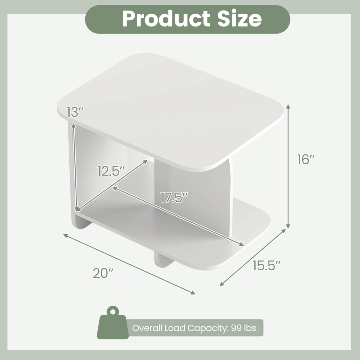 White 2-tier end table with open lower shelf and rounded edge design