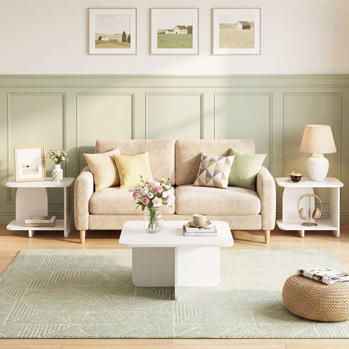 White 2-tier sofa side table with open shelves for books and a small speaker