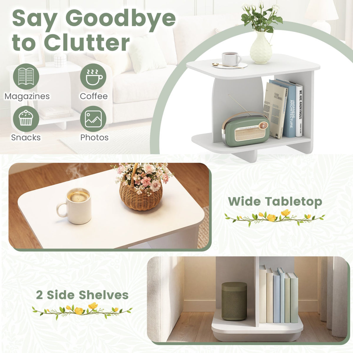 White 2-tier end table with wide top and two side shelves for books and decor