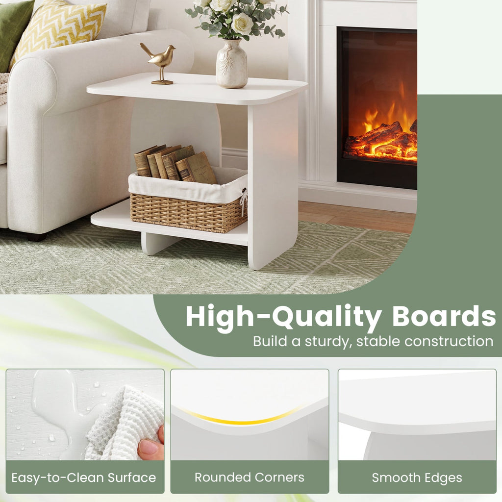 White 2-tier side table with open shelf and lower basket storage for books