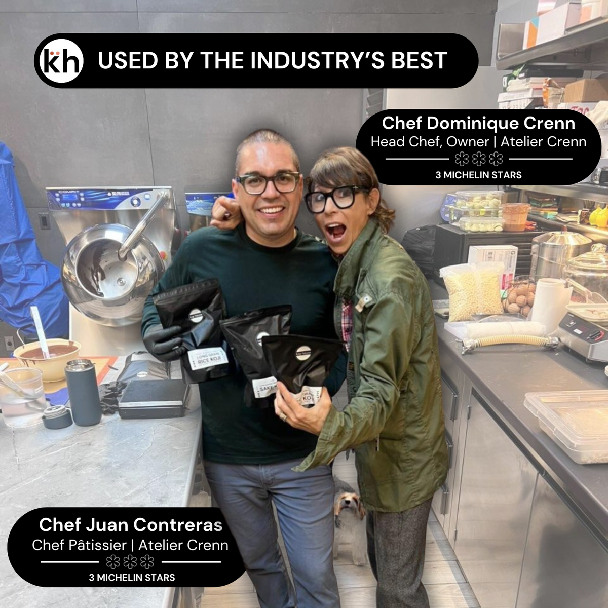 Chefs in restaurant kitchen holding a rice koji pouch