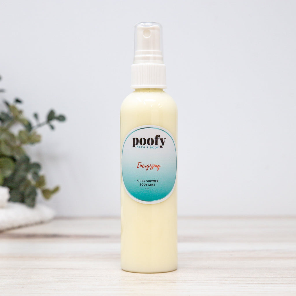 Poofy body mist bottle with white pump sprayer, cream-colored liquid, after shower.