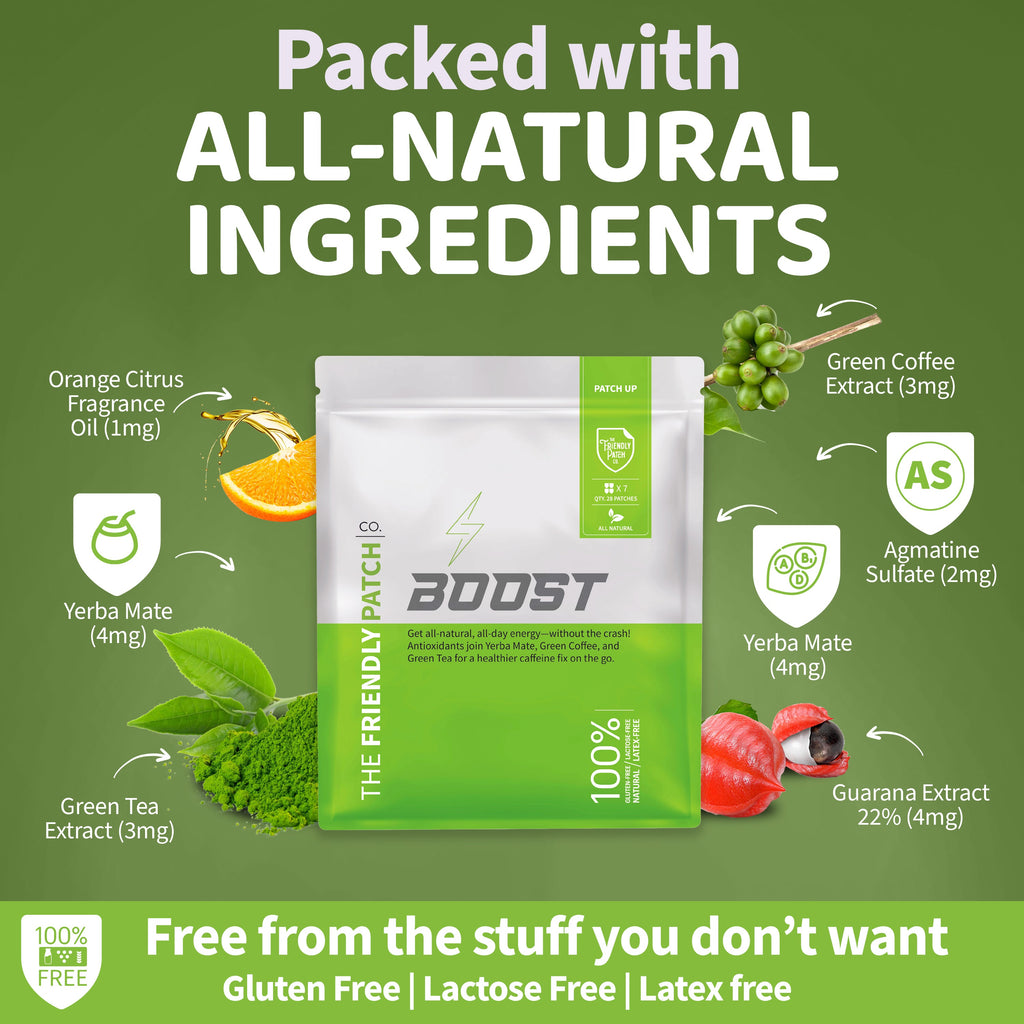 All-natural ingredients patch pack card showing Boost and Shield patch varieties