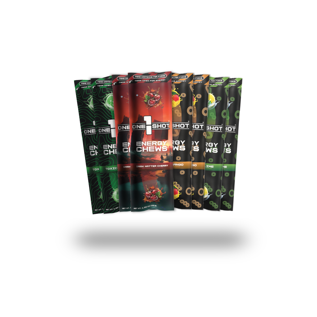 Energy chews multipack sleeves in green, red, and black; assorted flavors