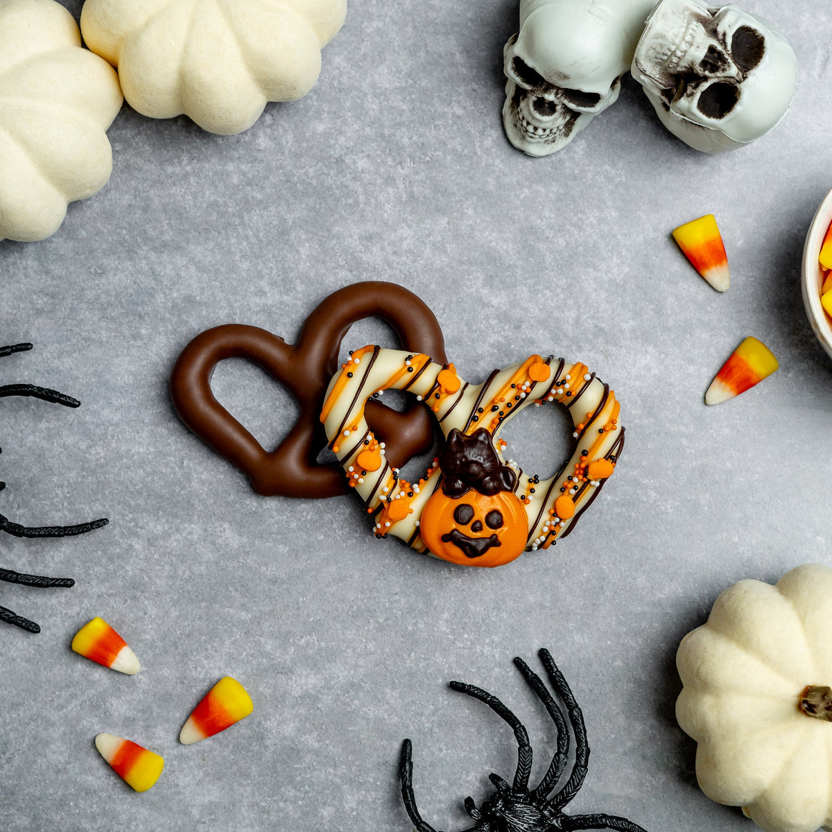 Halloween 2-piece pretzel pack with two chocolate-dipped pretzels, candy sprinkles