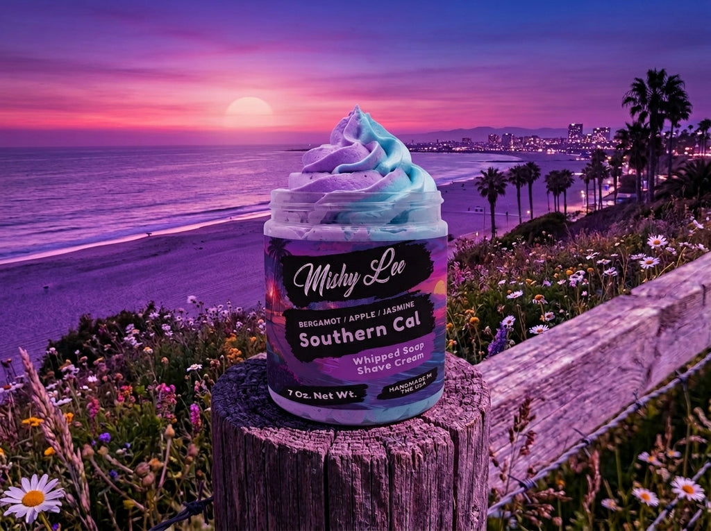 Southern Cal whipped soap and shave cream jar outdoors with coastal flowers