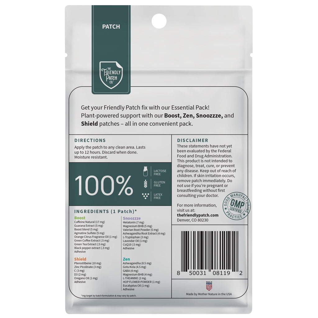 Back of vitamin patch essentials pack pouch with directions and ingredients