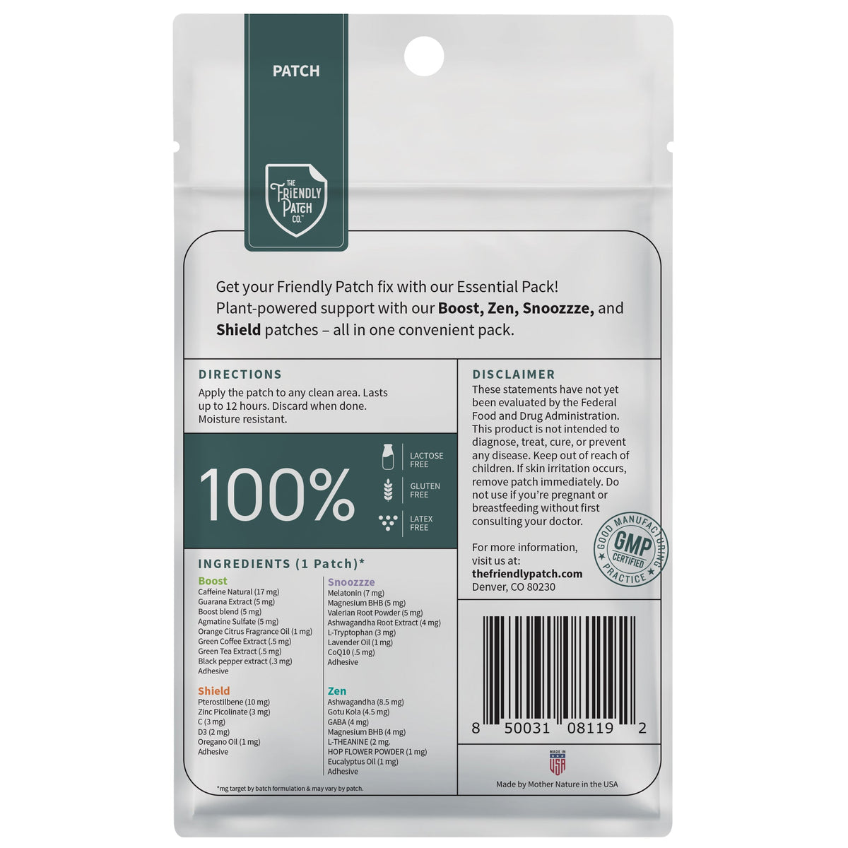Back of vitamin patch essentials pack pouch with directions and ingredients