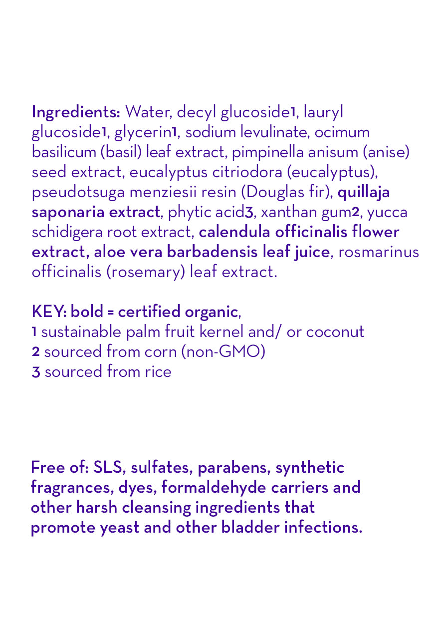 Eucalyptus bubble bath ingredient panel with key certifications and free-of claims