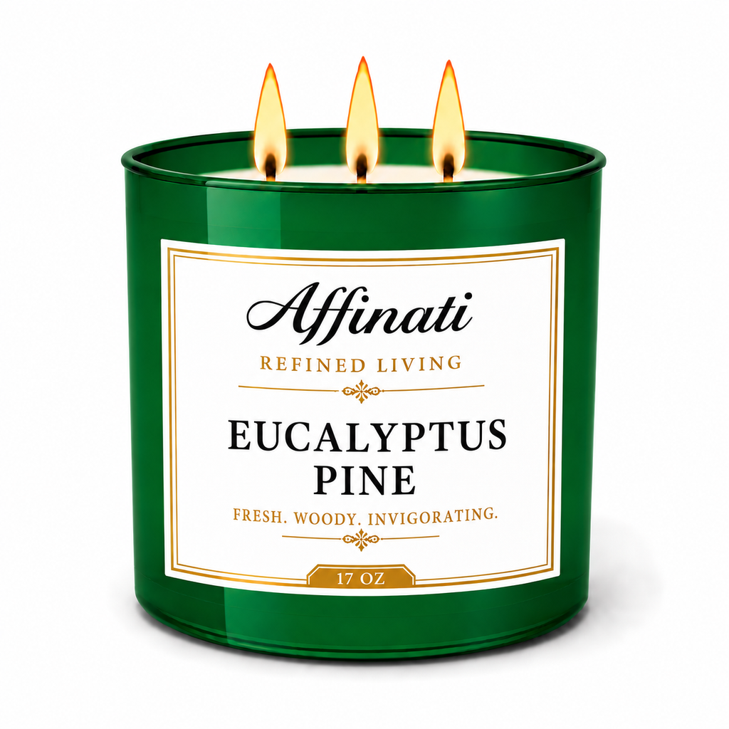 Green 3-wick candle in glass jar with three flames, Eucalyptus Pine label