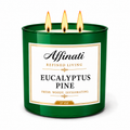 Green 3-wick candle in glass jar with three flames, Eucalyptus Pine label