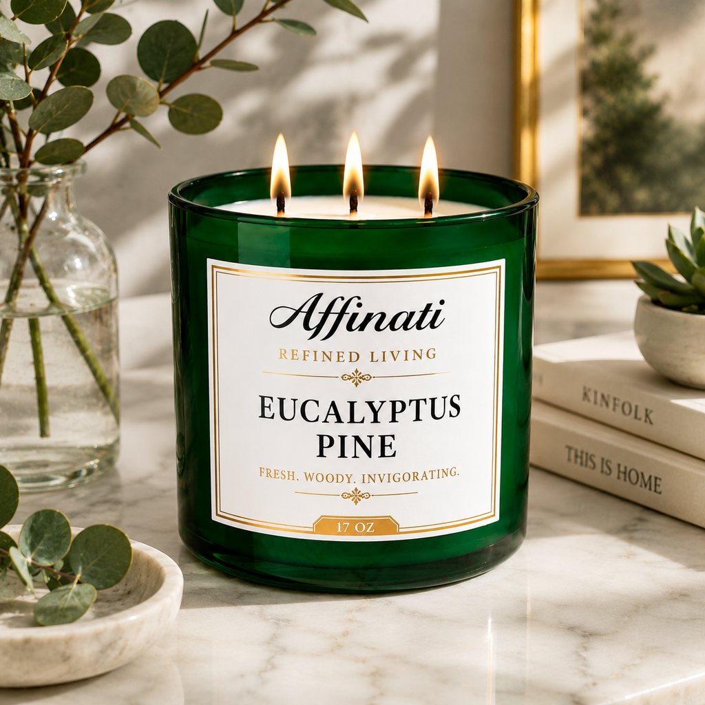 Green 3-wick candle jar with Eucalyptus Pine label and three lit wicks