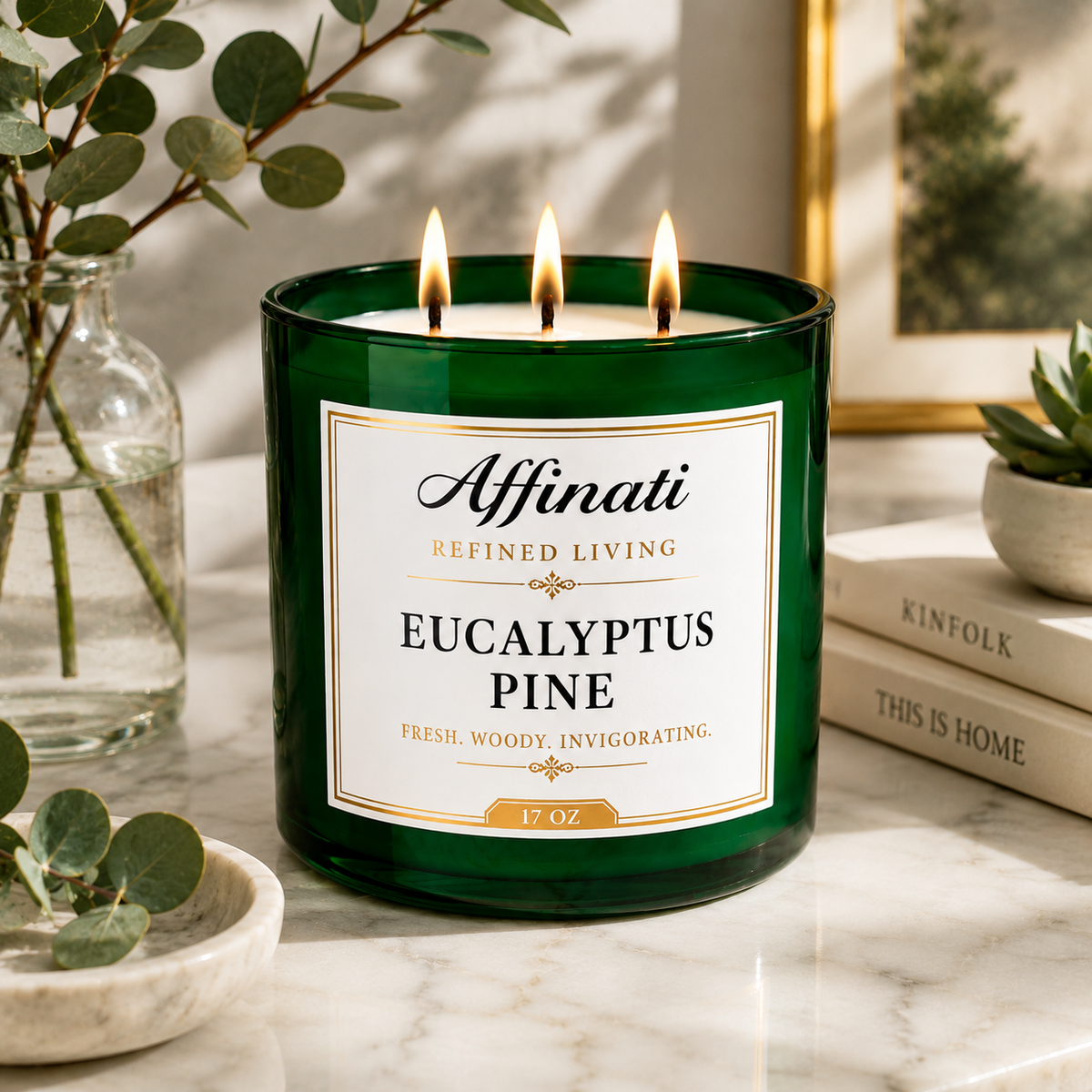 Green 3-wick candle jar with Eucalyptus Pine label and three lit wicks
