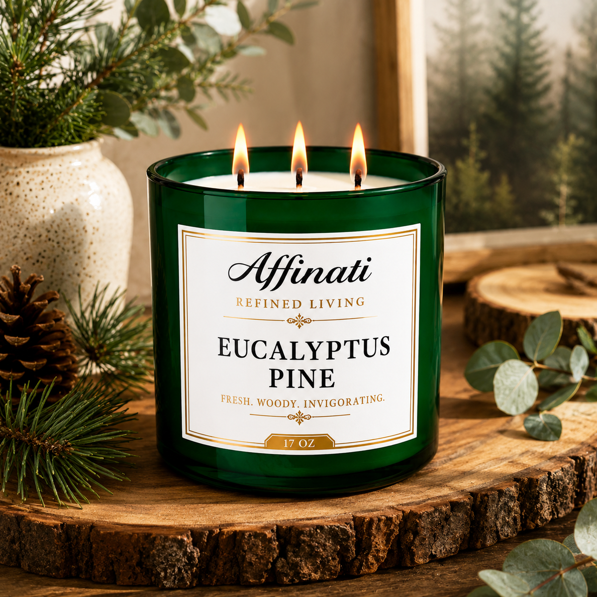 Green 3-wick candle on wooden slab with Eucalyptus Pine label and flames