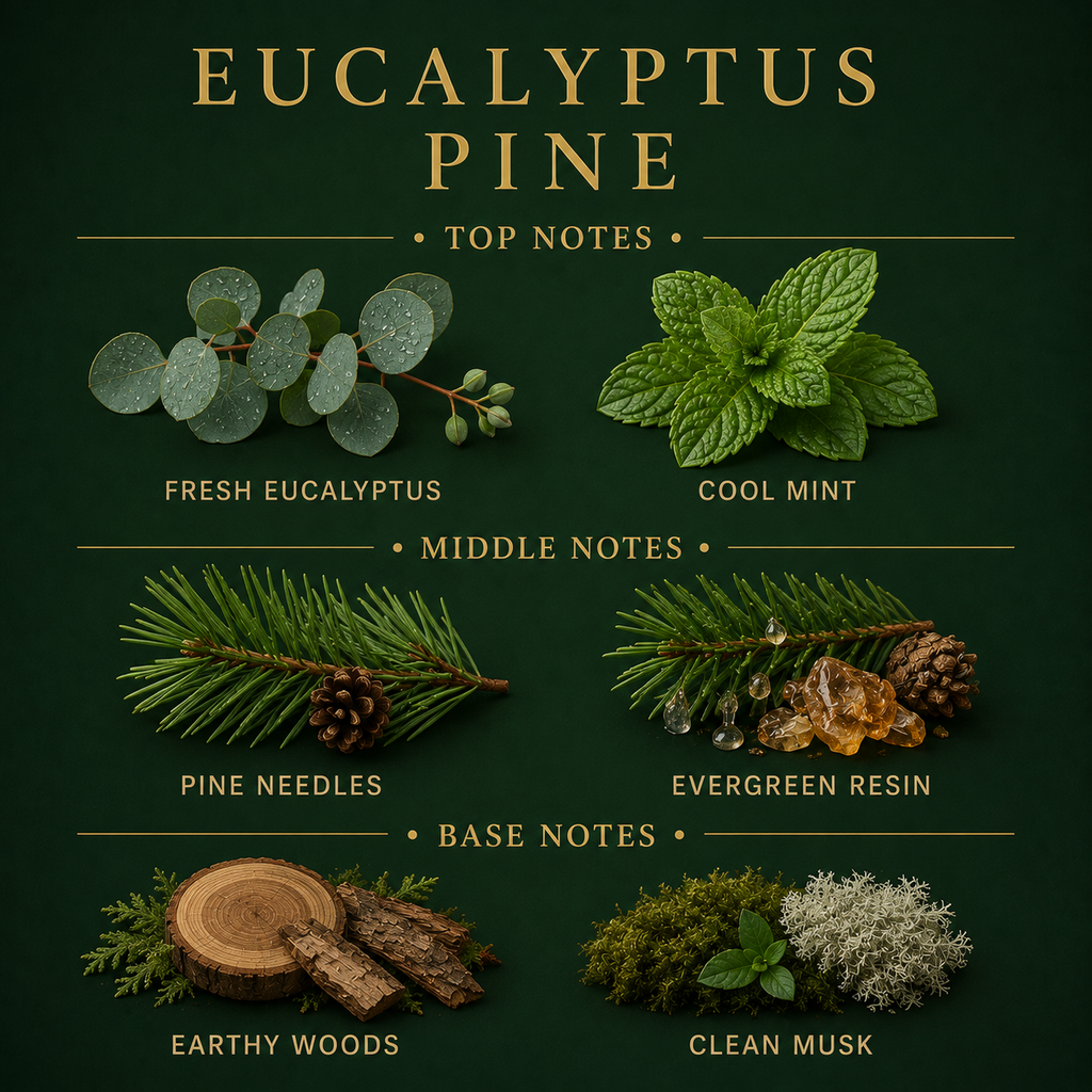 Eucalyptus Pine fragrance notes chart with top, middle, and base note labels