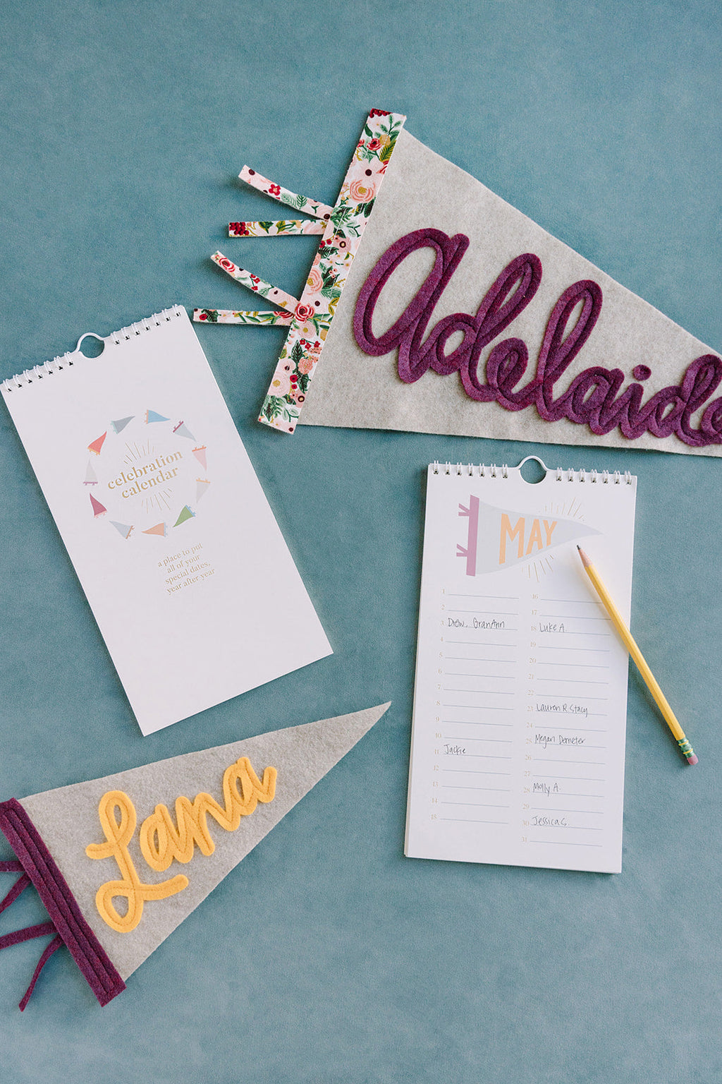 Celebration calendar cards with Hello design, May page, and pencil
