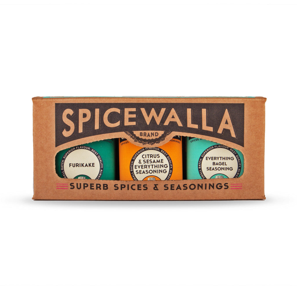 Spicewalla Everything collection spice tin box with three seasoning labels