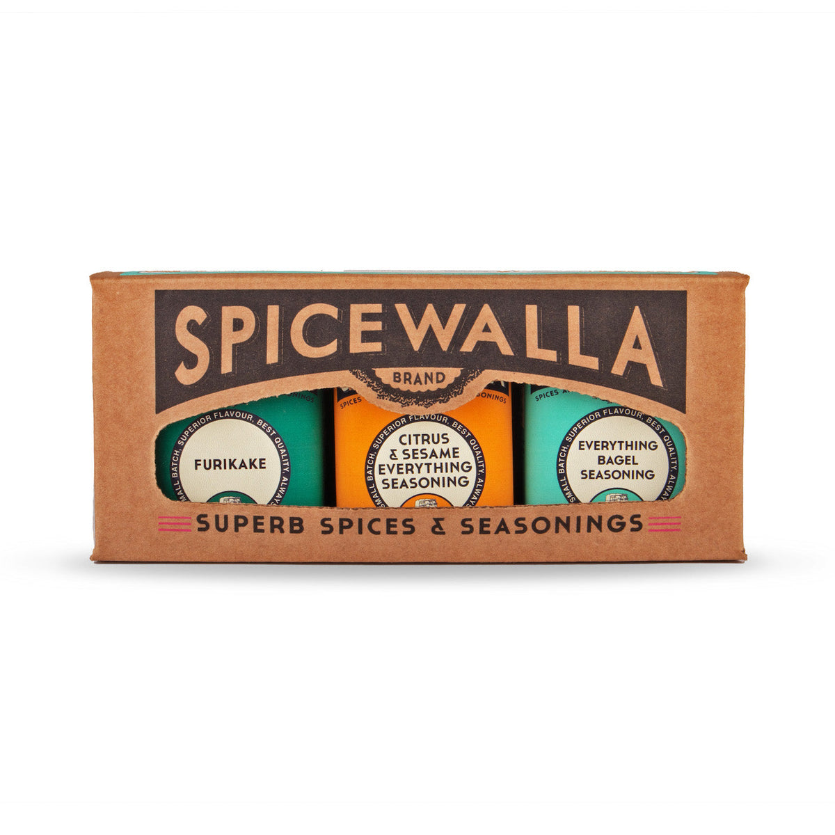 Spicewalla Everything collection spice tin box with three seasoning labels