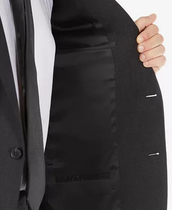 Men's suit jacket inner lining and breast pocket opening, dark charcoal