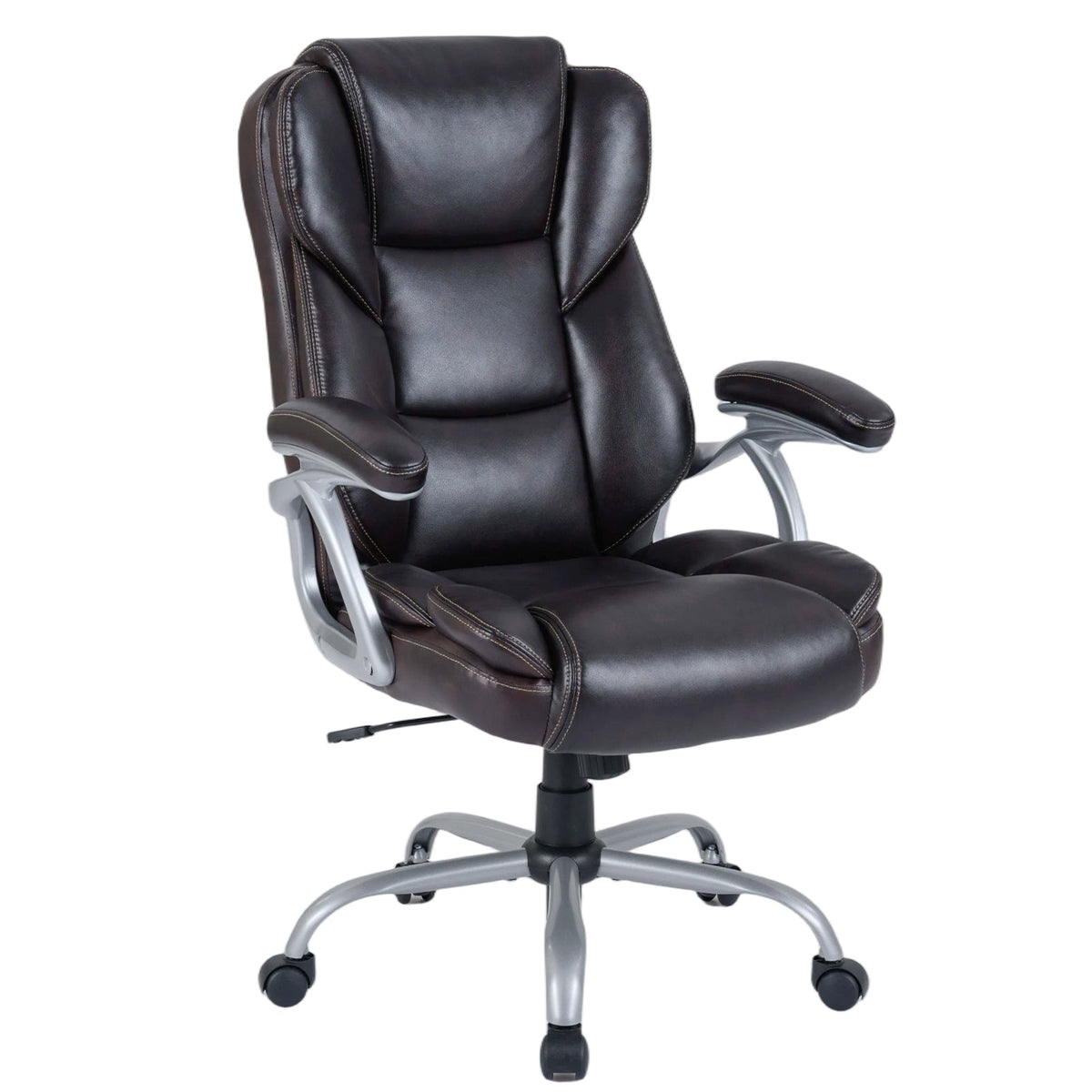 Black leather ergonomic office chair with padded seat, curved armrests, and caster base.