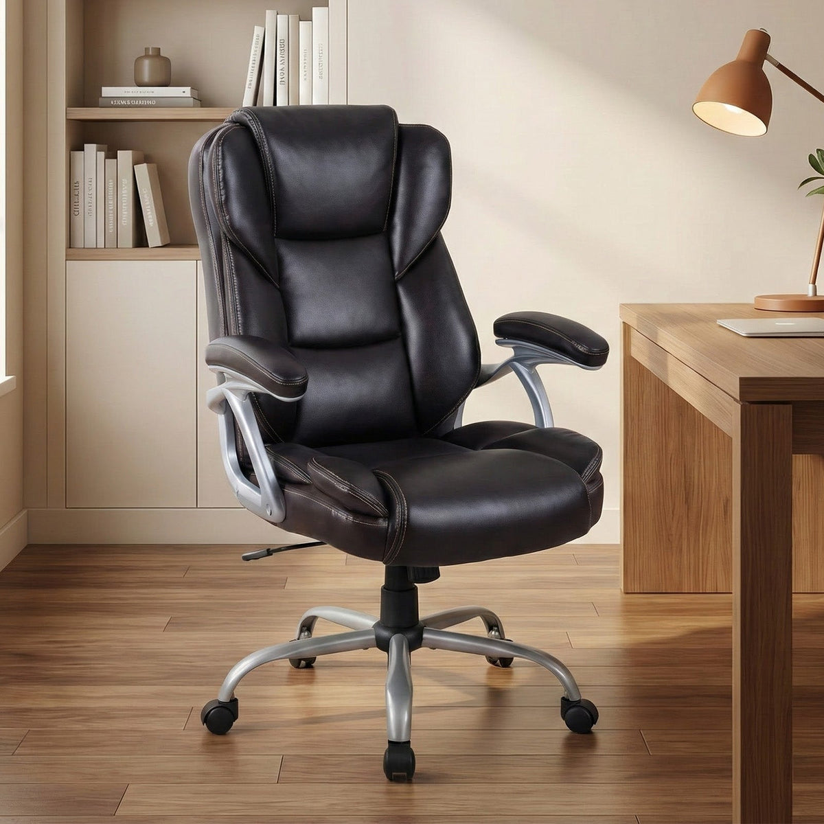 Black leather ergonomic office chair with padded seat, headrest, and curved armrests.