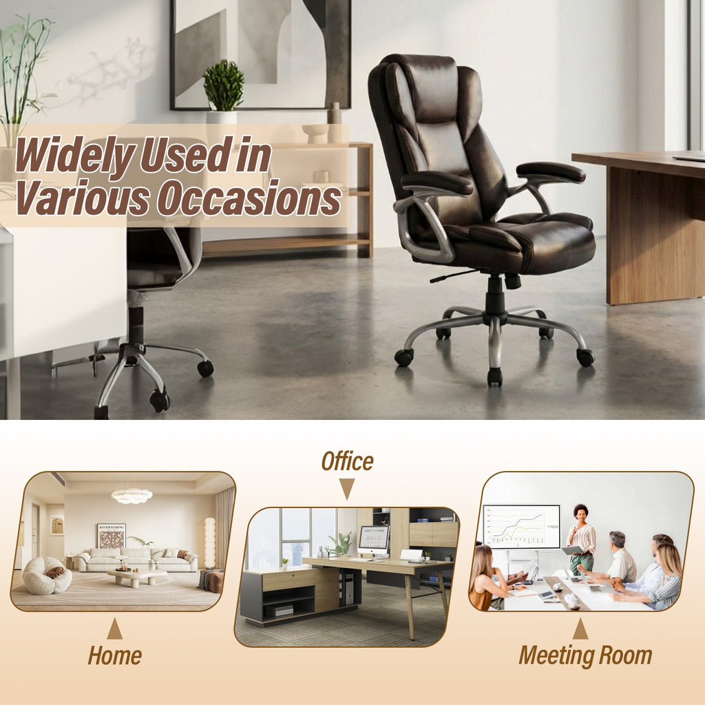 Black leather executive chair with armrests and curved cushioned backrest