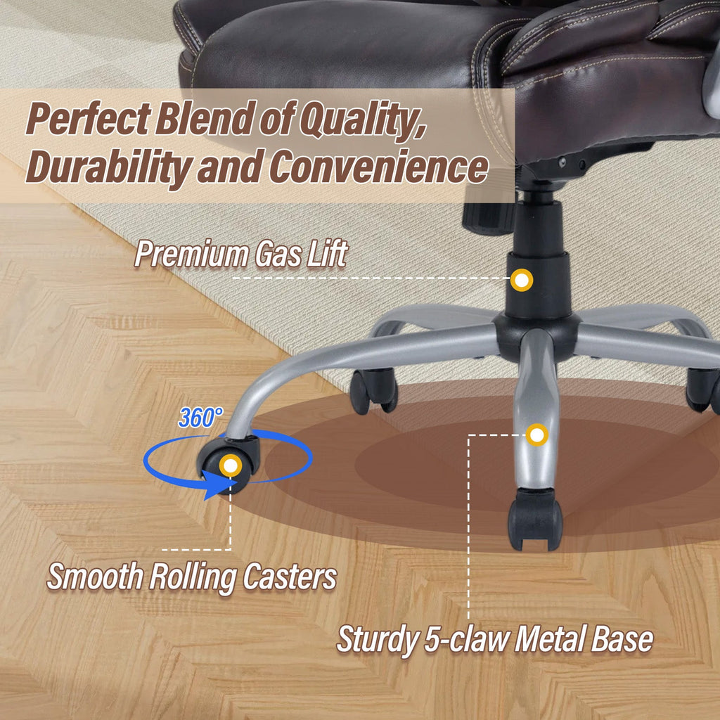 Black office chair with padded seat and armrests, 5-claw metal base, rolling casters