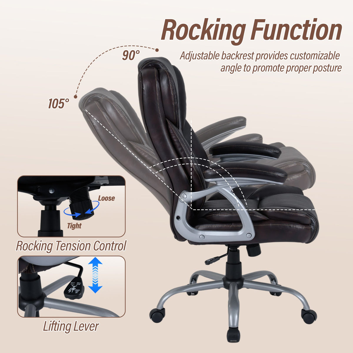 Black ergonomic office chair with adjustable rocking backrest and padded armrests