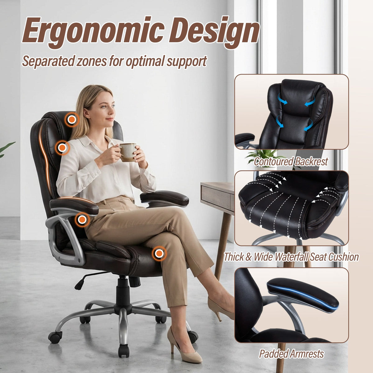 Black ergonomic office chair with contoured backrest, padded seat, and armrests.