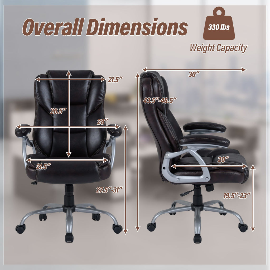 Black executive chair shown front and side profile with padded seat and armrests